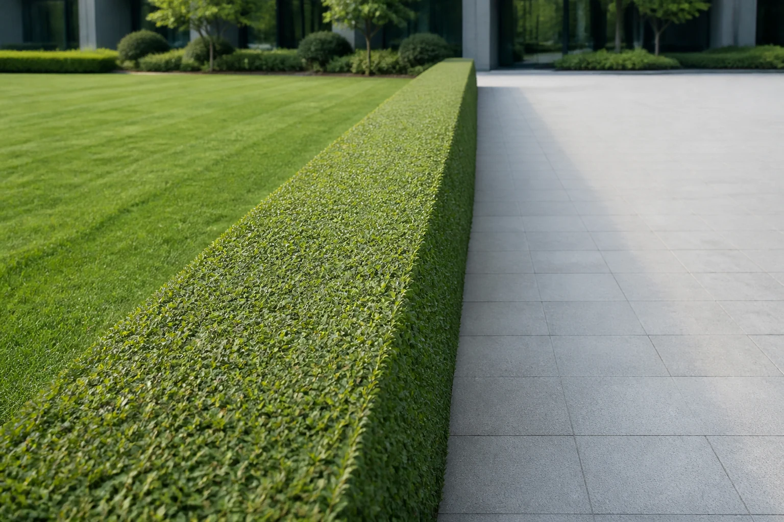 Clean hedge boundary beside a commercial walkway