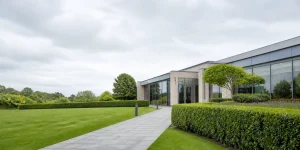 Neatly trimmed hedge beside a commercial garden entrance