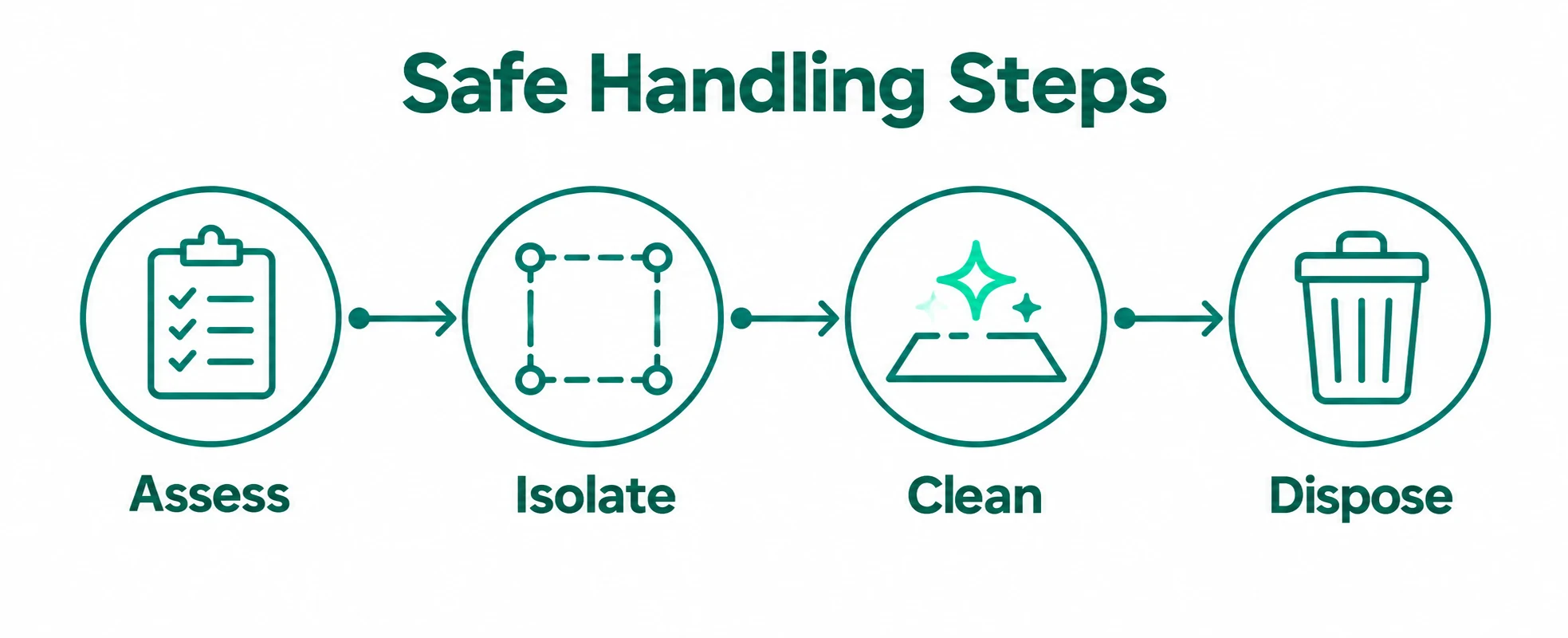 Graphic showing assess isolate clean and dispose steps