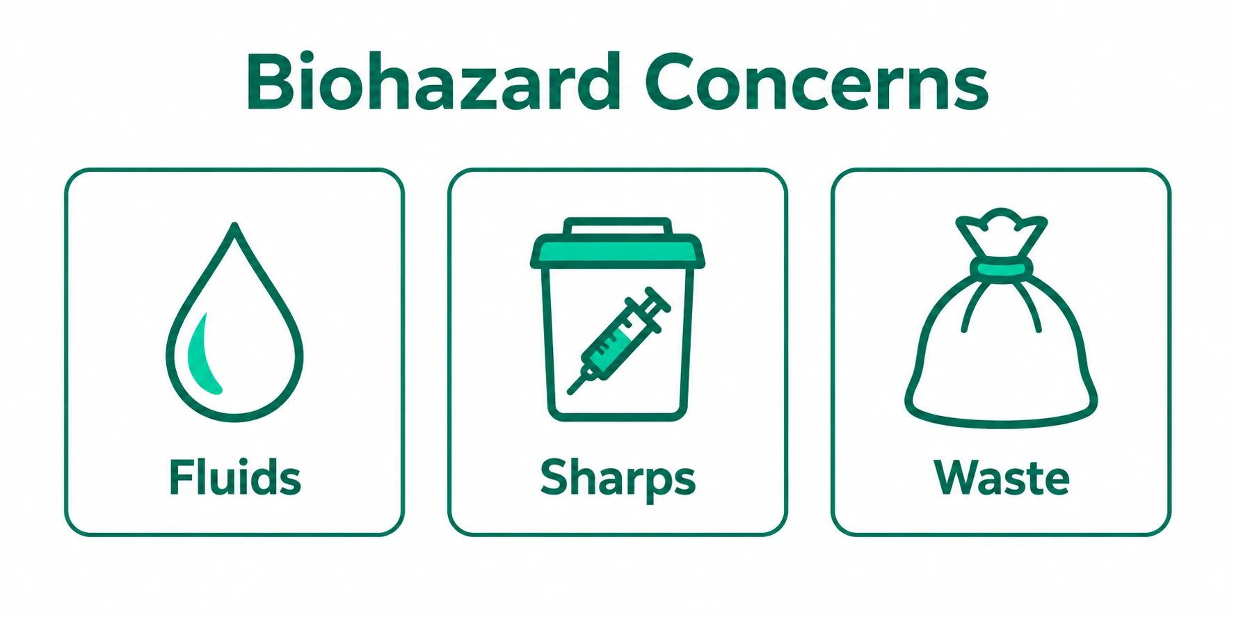 Graphic showing fluids sharps and waste as biohazard concerns