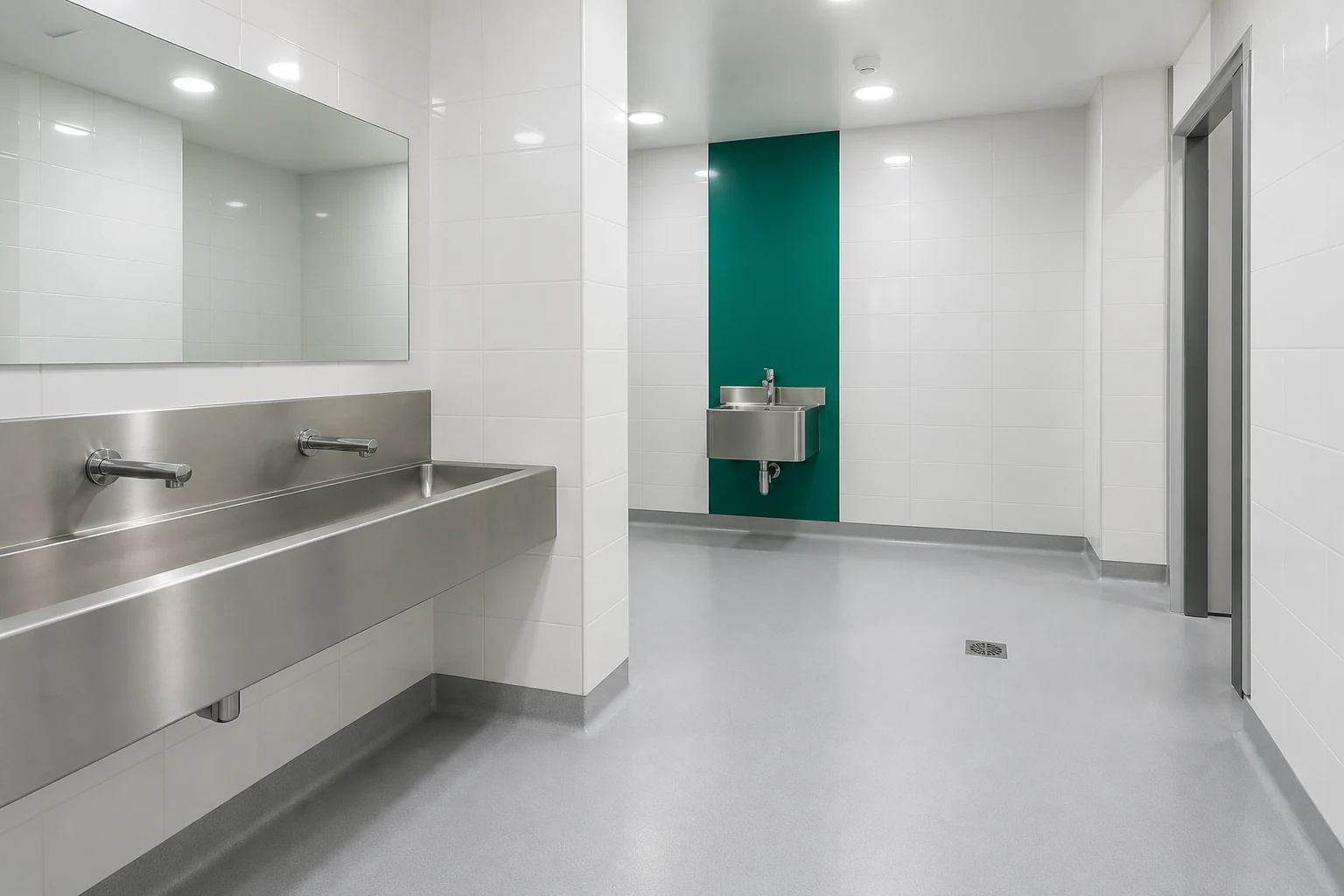 Spotless empty commercial washroom after professional cleaning